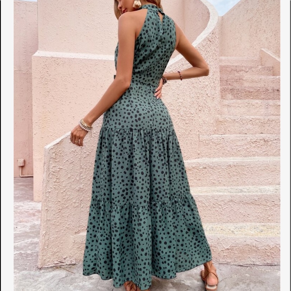 Boho Polka Dots Print Flounce Halter Belted Maxi Dress - Picture 7 of 13